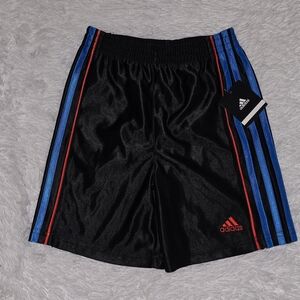 Adidas Black Shorts with Red and Blue Stripes